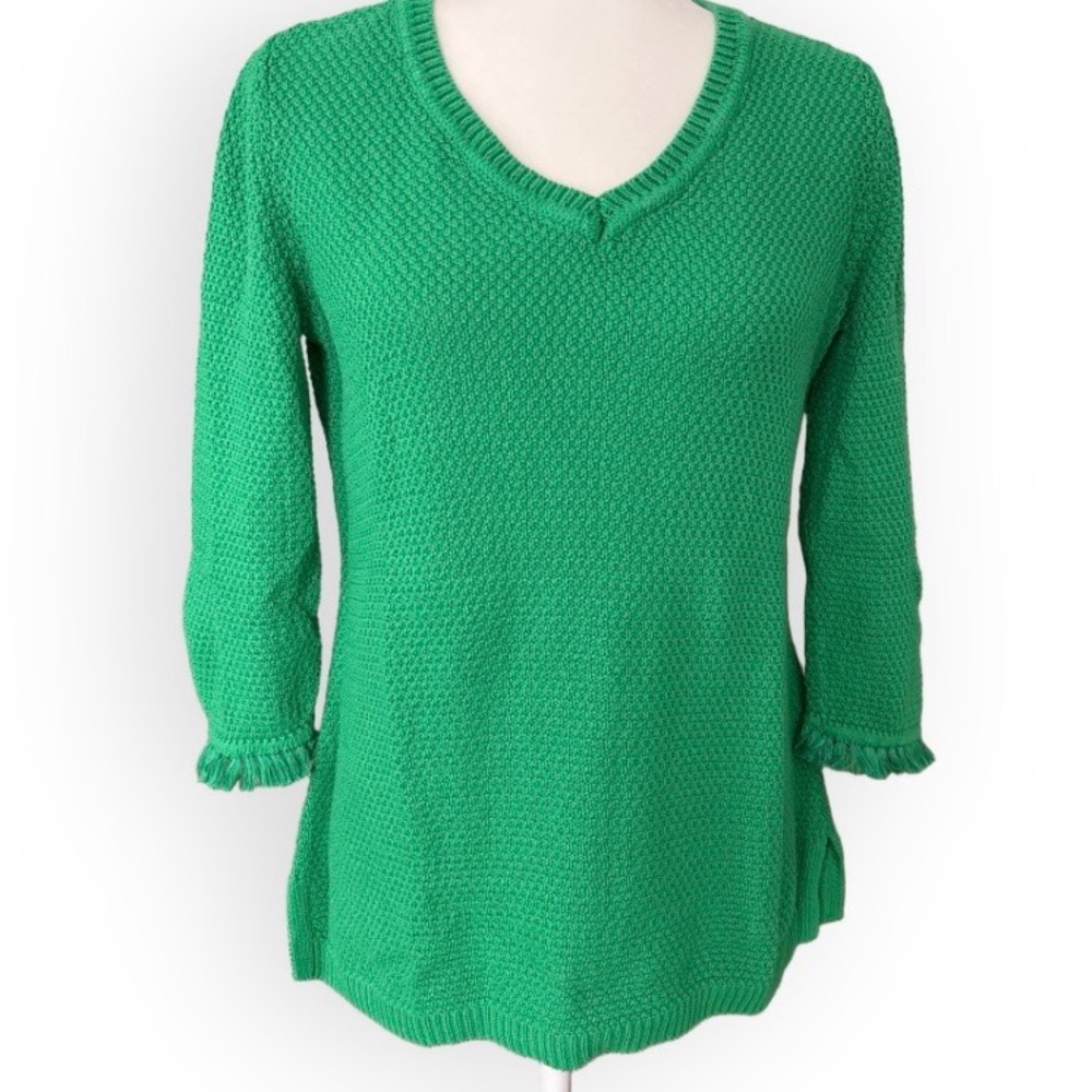 Talbots Cotton Green V Neck Fringe Sleeve Sweater Size XS